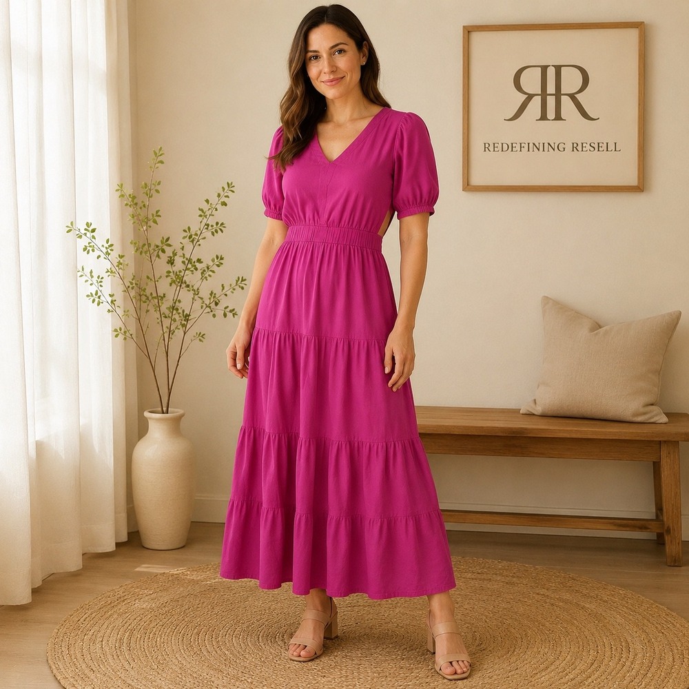 LOFT Magenta Pink Tiered Midi Dress V-Neck Cutout Back Puff Sleeve Size L